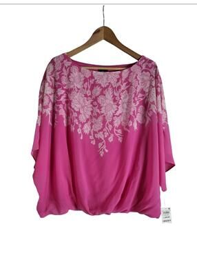 JM Collection Fuchsia Pink Sleeveless Floral Print Cap Style Blouse Bubble Hem L